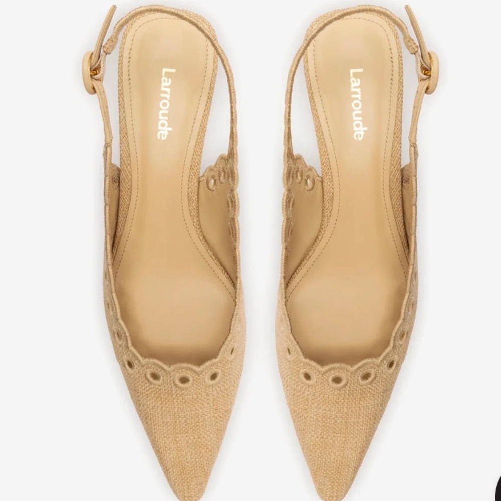 LARROUDE BEIGE RAFFIA BRODERIE SLINGBACK SCALLOP EMBROIDERED DETAILS SZ EU 38.5